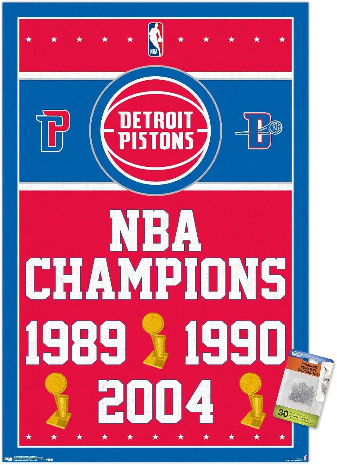 Trends International NBA Detroit Pistons - Champions 17 Wall Poster with Push Pins, 34L x 22.4W, Poster & Push Pin Bundle