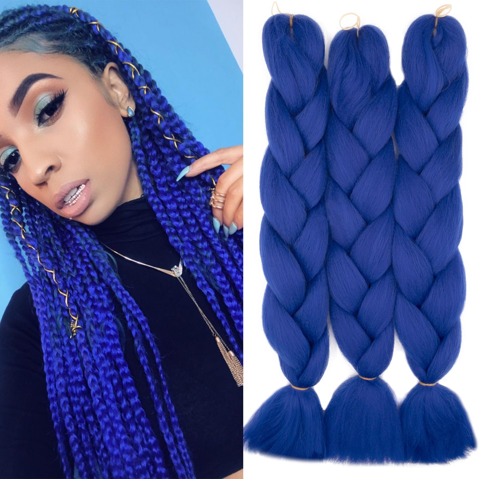 Dcbaboo Jumbo Braiding Hair Extensions 3packs 24inches, Royal Blue, 24 inch 300g