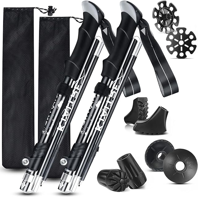 Kiaitre Tri-fold Walking Trekking Poles - 2 Pack Collapsible Hiking Poles with Quick Lock System, Adjustable Lightweight Trail Cane, Portable Walking Sticks for Trekking, Walking and Backpacking