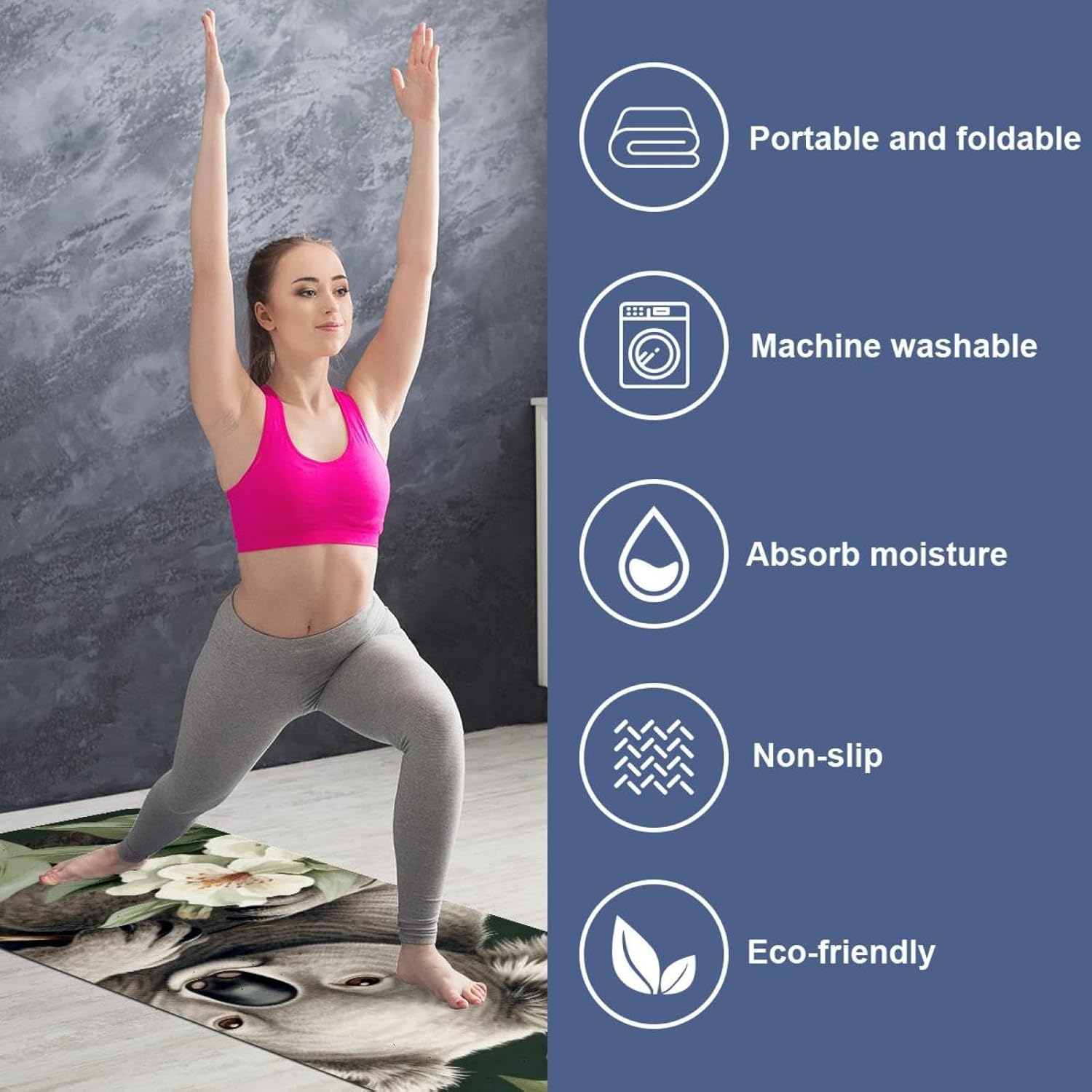 Yoga Towel, Koala Flowers Pattern Non Slip Sweat Absorbent Hot Yoga Mat Towel for Hot Yoga, Pilates and Fitness - 72.8" x 26.8"