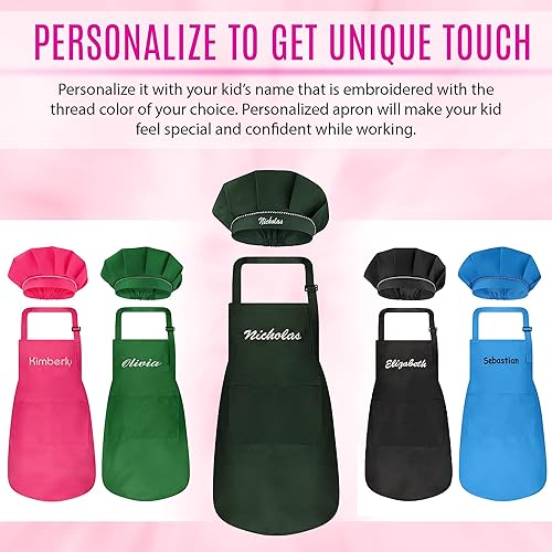 Miniatura 49 de Juego de delantal personalizado y sombrero de chef, bonito disfraz de chef para niños, delantales con bolsillos para cocinar, pintar, fiestas Negro