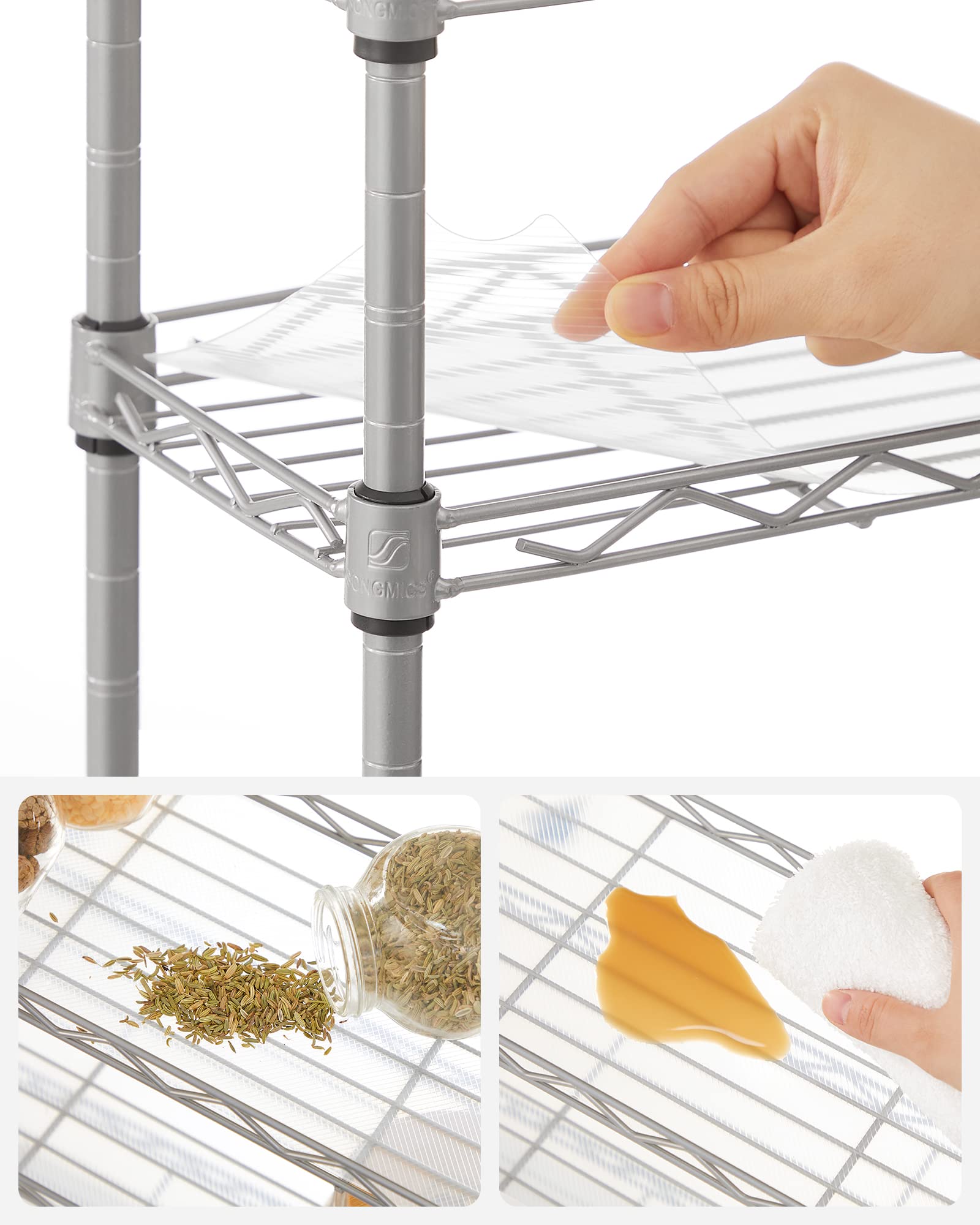 SONGMICS Gewürzregal mit 3 Ebenen, Küchen-Organizer, aus Metall, mit PP-Platten, verstellbare Regalebene, 15 x 40 x 39,5 cm, mattsilbern LGR025E01