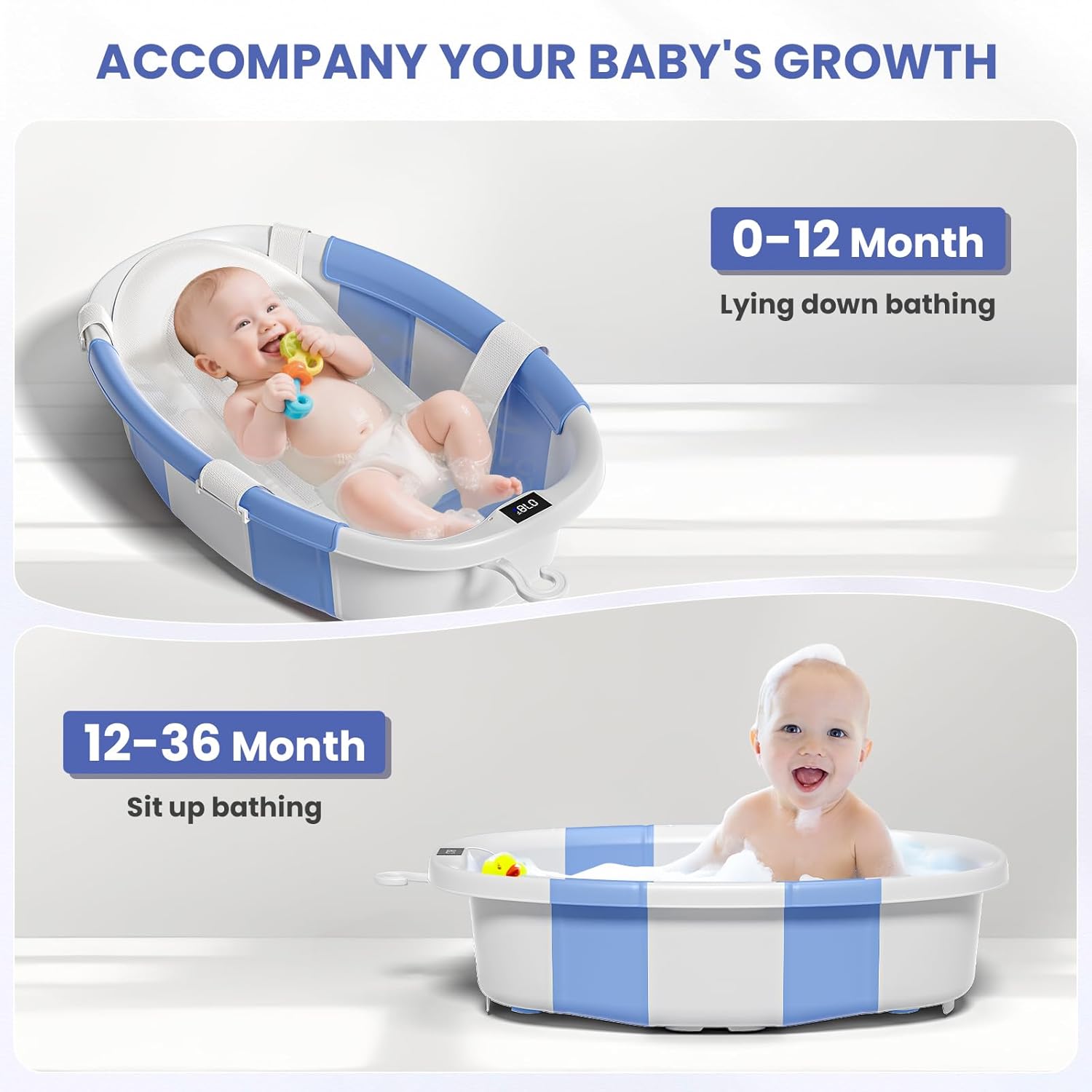 Collapsible Baby Bathtub with Soft Cushion and Thermometer, Newborn to Toddler Tub 0-36 Months with Toy Storage Mesh Bag, Portable Travel Bath for Infants (Blue)