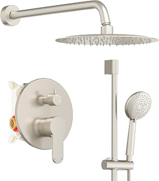 Gabrylly Shower System, Slide Bar Shower Faucet Set with High Pressure 10" Rain Shower Head and 5-Setting Handheld Spray, 2-Way Shower Valve Kit, Brushed Nickel