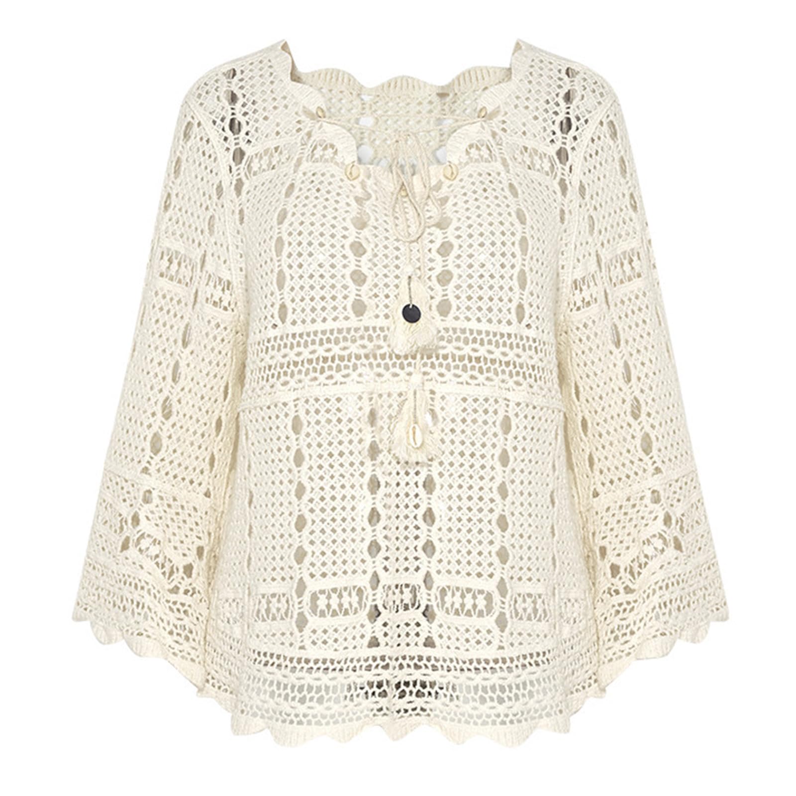 Top Copricostume da Donna In Maglia di Cotone Lavorato All'Uncinetto Stile Boho Con Maniche A Campana Trama Traforata e Cintura Inclusa