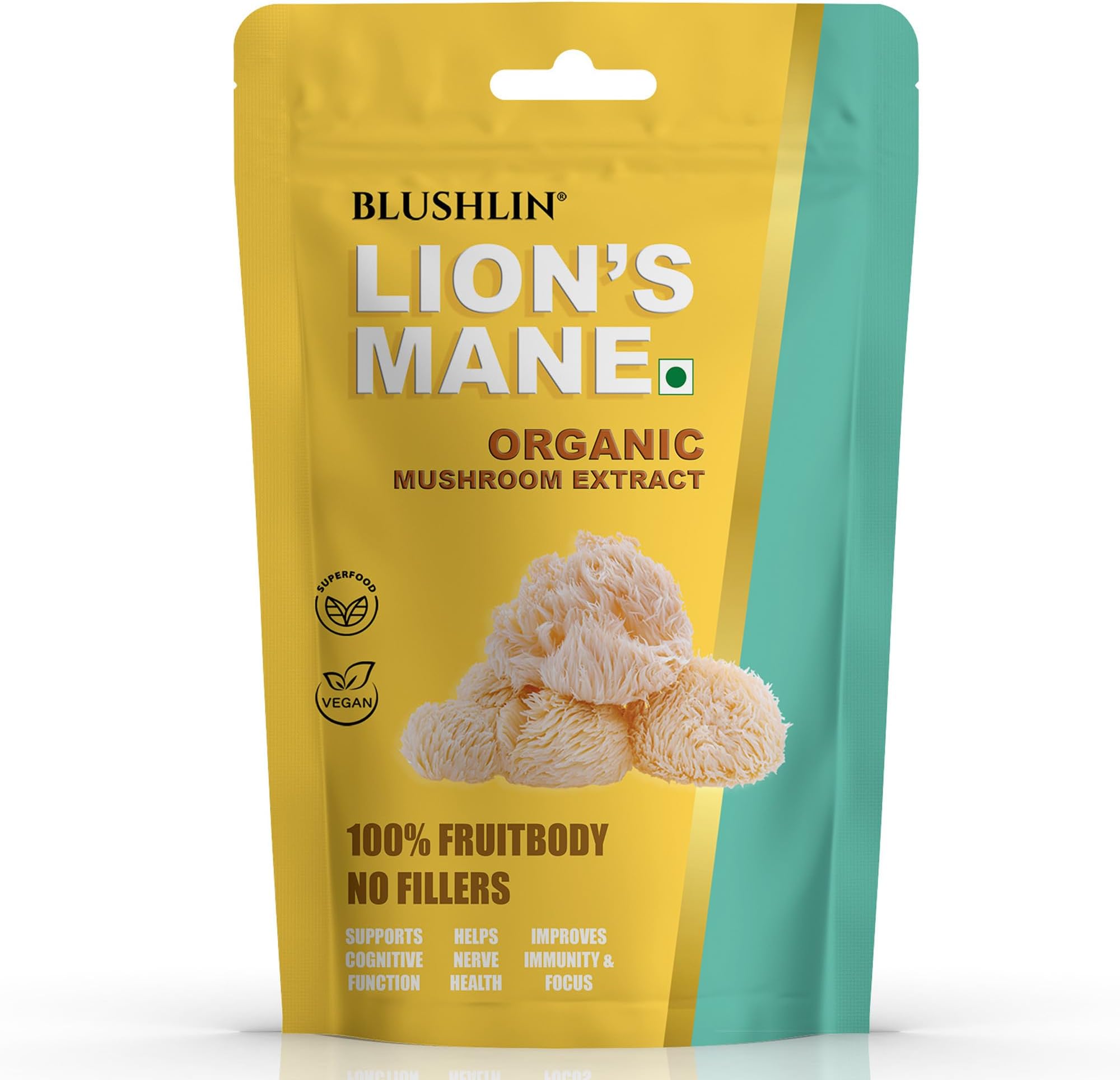BLUSHLIN Lions Mane Powder mushroom Extract | Focus, Brain Power, Memory & Nerve Health