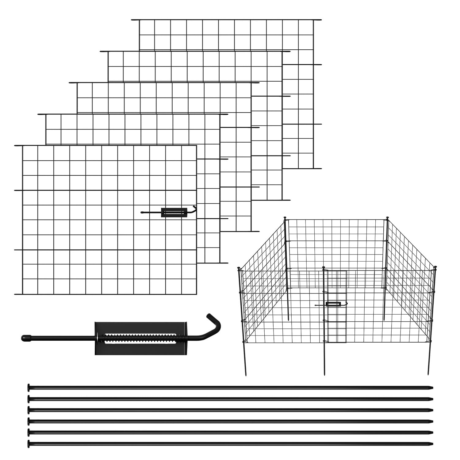 Dekorative Gartenzaun, Teichzaun Set 1 Tor+4 Teichzaun Steckzaun Metall mit Zaunelemente und Freigehege Gartenzaun Tiergehege, mit Schloss, Haustier Zaun (Gerade, Grün)