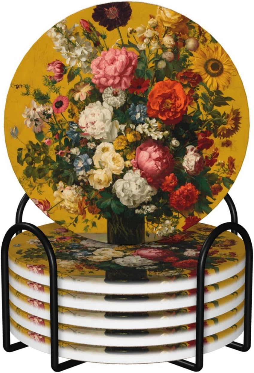 (Flowers) Ceramic Coasters Set of 6 with Holder Non-Slip Round Coffee Coasters for for Cup Mug Drink Patio Coffee Table Decor, Christmas Coasters Home Bar Supplies