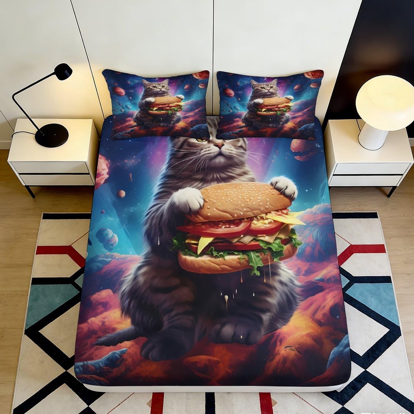 Pnayamiorkfel Style-7 3D Printed Space Cat Fitted Sheet Microfiber Soft Bedroom Decor Hamburger Planet Bed Cover Machine Washable 90X200x25cm