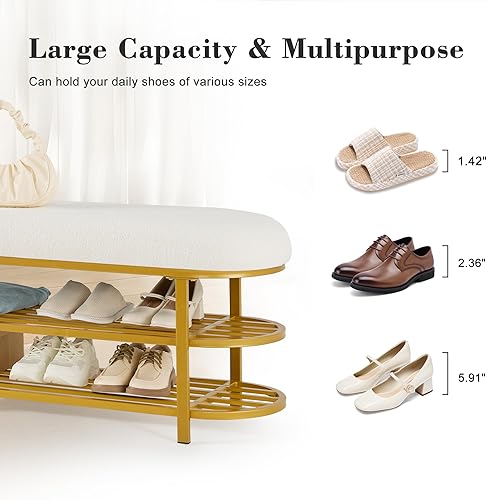 Miniatura 11 de Banco de almacenamiento de zapatos de 46 pulgadas con cojín, banco de entrada de 2 niveles, patas de metal moderno, zapatero con estante para
