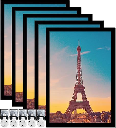 Juego de 5 portarretratos de 12 x 18 pulgadas, marcos de fotos negros de alta transparencia para galería de pared horizontal de escritorio vertical