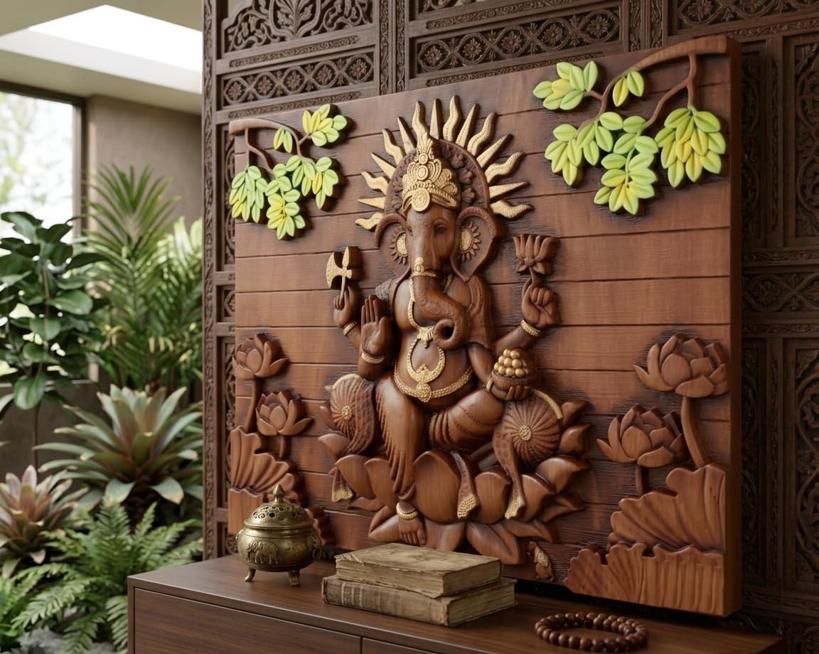 Lord Ganesha 3D Relief Wall Art Panel, Wooden Finish, Lotus Floral Theme, Traditional Indian Style, Home Decor-image-43