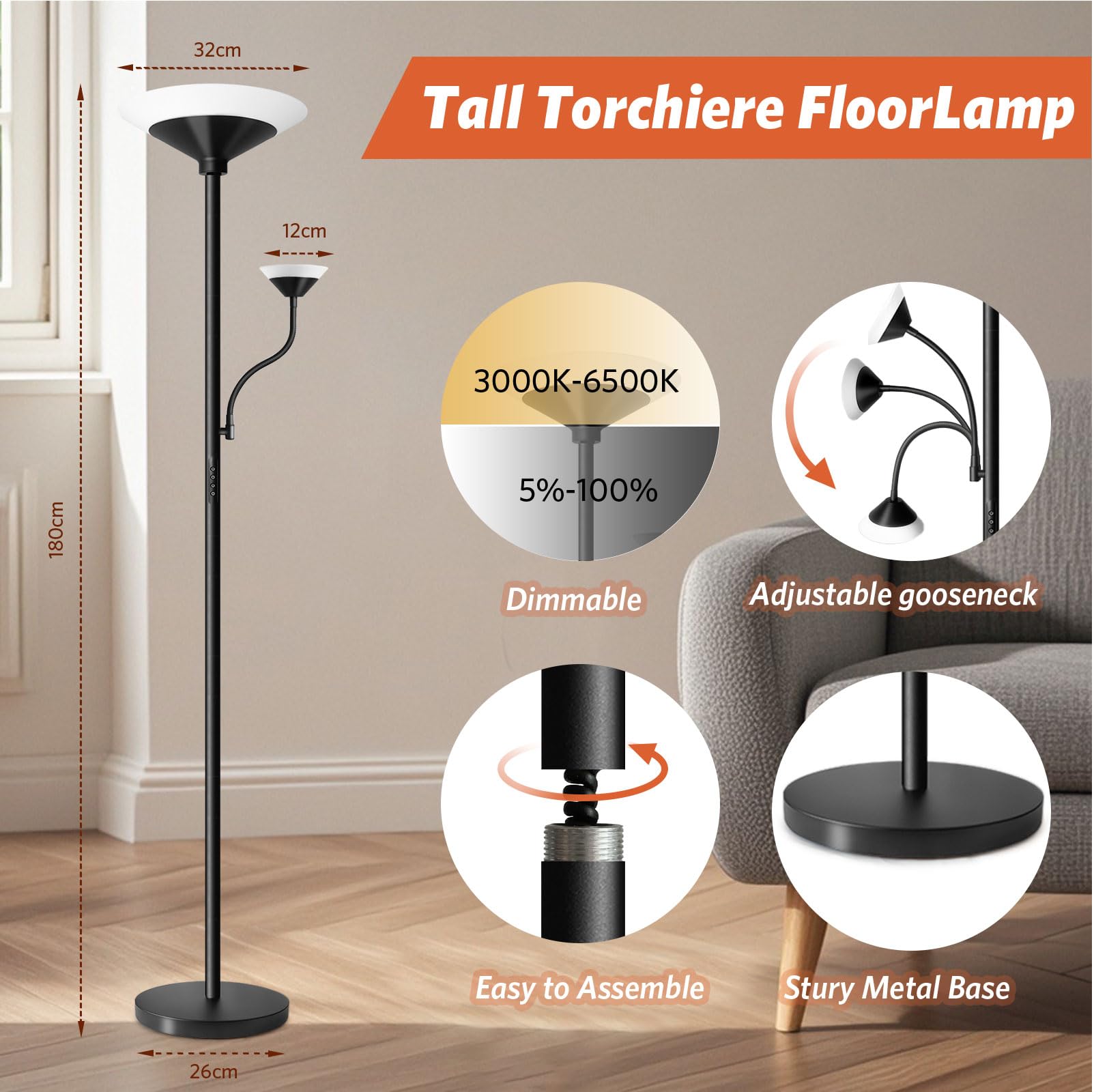 BBHome Lámpara de Pie Salón LED 27W Regulable con Lámpara de Lectura 6W, Lámpara de Pie Moderna con Mando a Distancia y Táctil para Salón, Dormitorio, Oficina
