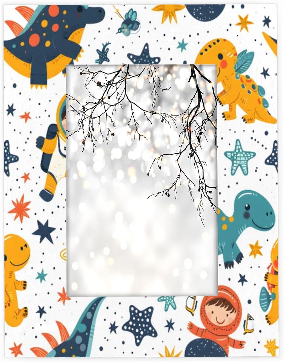Dinosaur Planet 8x10 Picture Frame, Cute Dinosaur Space Wood Photo Frame for Wall or Tabletop Display Pictures 5x7 with Mat or 8x10 without Mat