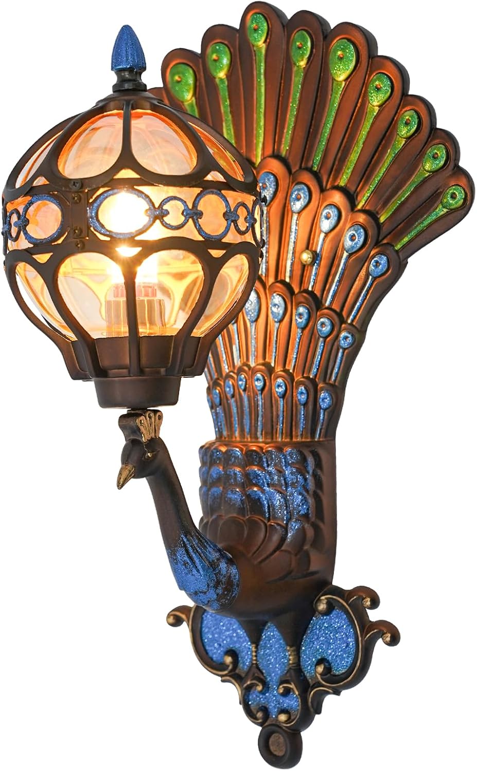 21'' Peacock Wall Lamp, Retro Antique Art Decor Fixture Led Wall Sconce Porch Lamp, Indoor Peacock Lamp,Color Contrast Design,For Garden Living Room Dining Room,Powerful Lighting (32.29-161.46ft²).