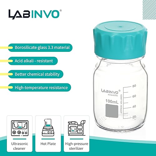 Miniatura 3 de Botellas redondas de vidrio, 12 piezas de botella de almacenamiento de reactivo de vidrio de borosilicato vol.3.4 fl oz con tapón de rosca GL45,