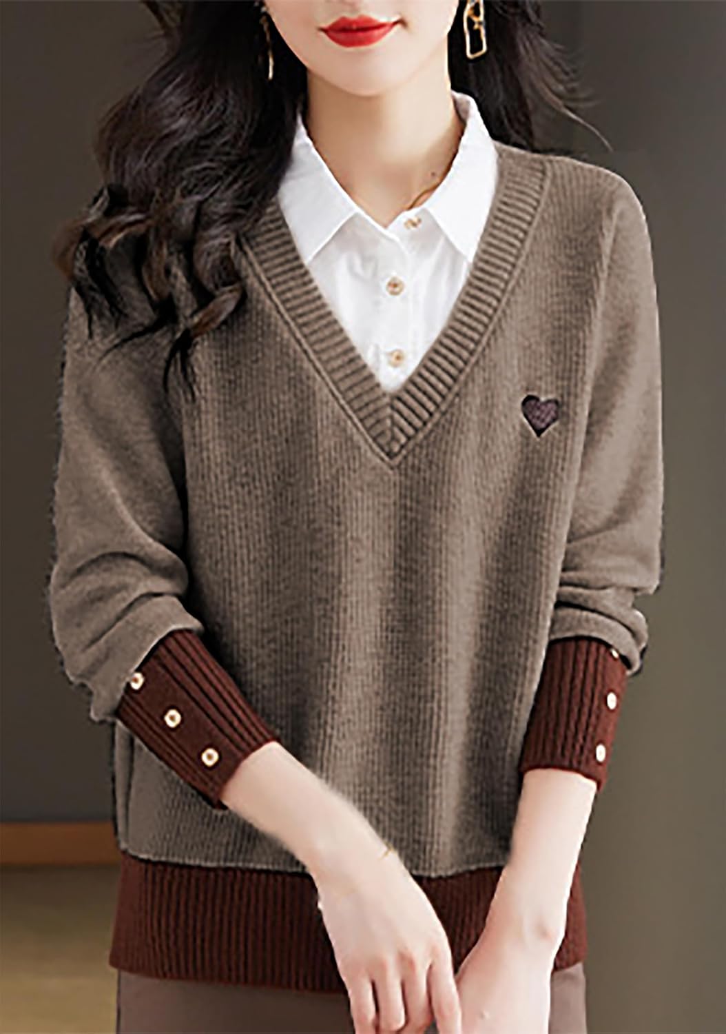 Women's Collar Neck Layered Look Contrast Sweater Long Sleeve 2 in 1 Pullover Knitwear Tops - Image 5