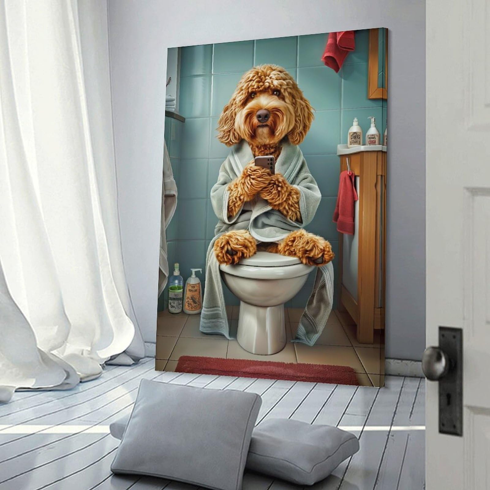 Junmoney Frame-Style-9 Decorative Wall Artwork Cockapoo On The Toilet, 20X30inch(50X75cm), For Contemporary Homes, Apartments Or Offices, An Easy Choice For New Home Styling