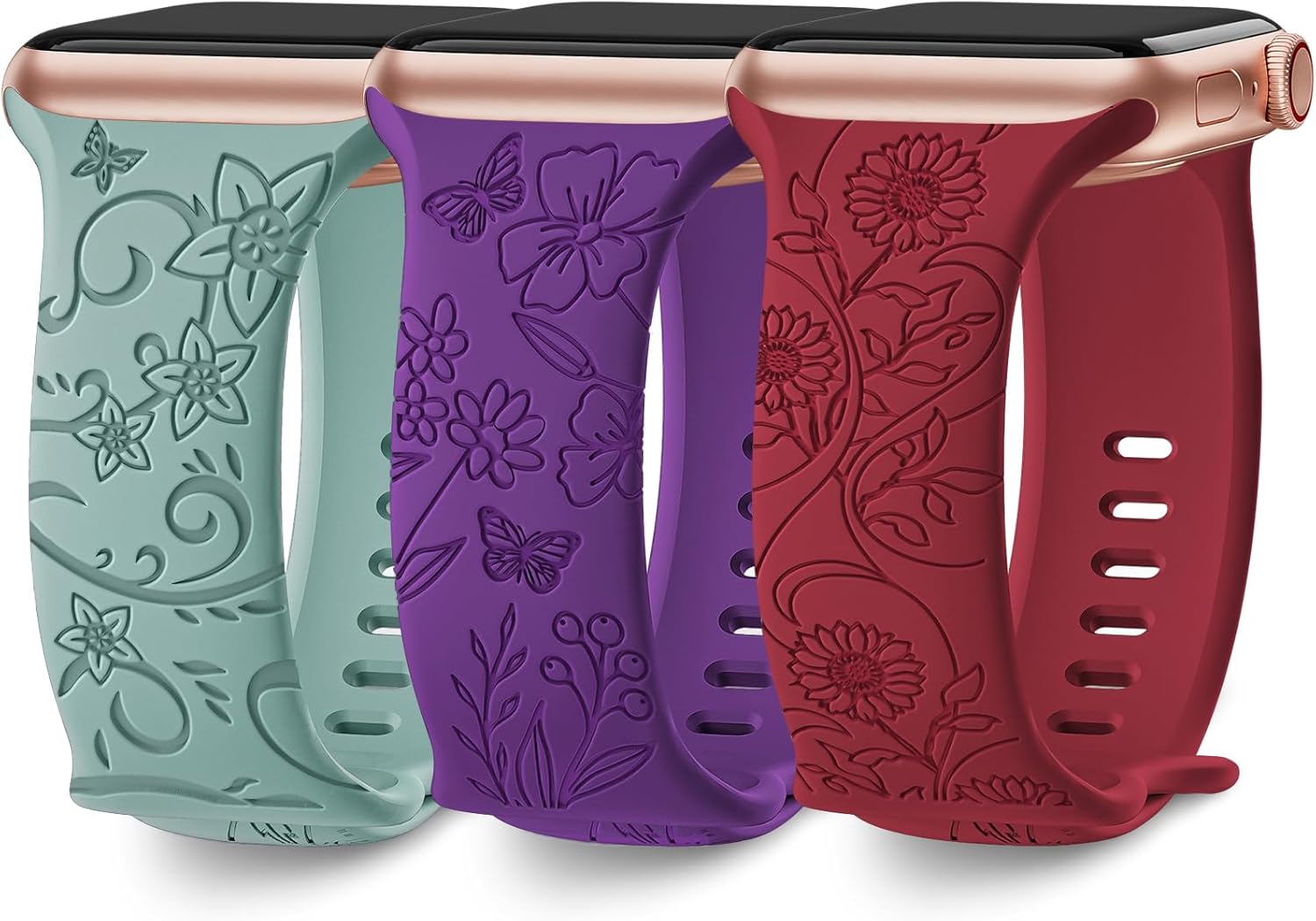 3 Pack Floral Engraved Band Compatible with Apple Watch