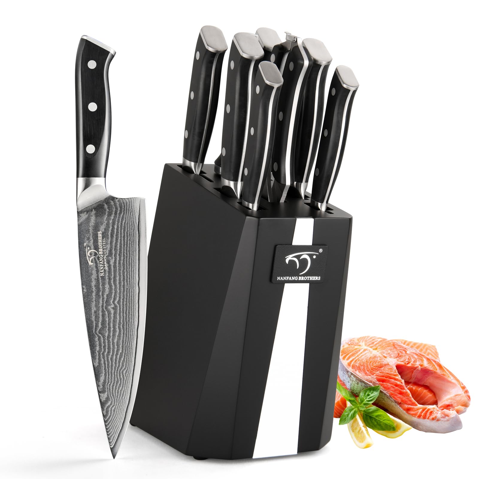 NANFANG BROTHERS Knife Set, 9 Pieces Damascus Kitchen Knife Set with Block, ABS Ergonomic Handle for Chef Knife Set, Knife Sharpener and Kitchen Shears, Knife Block Set
