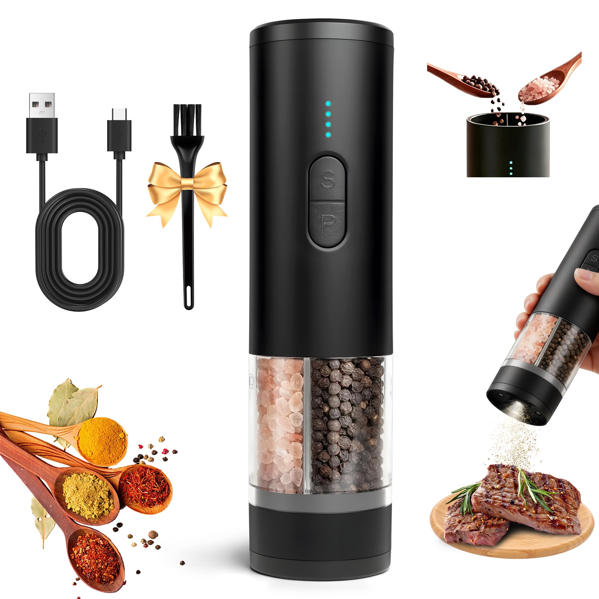 2-in-1 Elektrische Salz- und Pfeffermühle, Salz und Pfeffermühle in einem mit LED-Licht, Wiederaufladbar, mit Großer Doppelkammer und Einstellbarem Mahlgrad – Ideal für Küche & BBQ