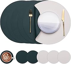 Myir JUN Set of 6, 38 cm Double-Sided Leather Washable Waterproof Round Plastic Placemat with Coaster (Green & Ivory)