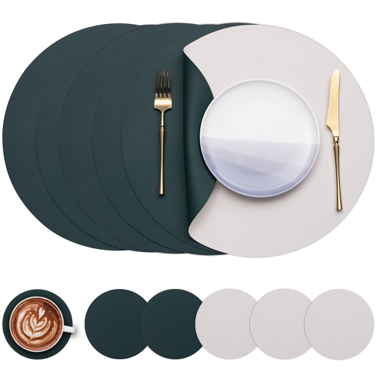 Myir JUN Round Table Placemats Set of 6 Faux Leather Place Mats and Coasters 15 inch Round Placemats Dual Sided Placemats Non-Slip Placemats Stain Resistant Placemats (Beige Green, Set of 6)