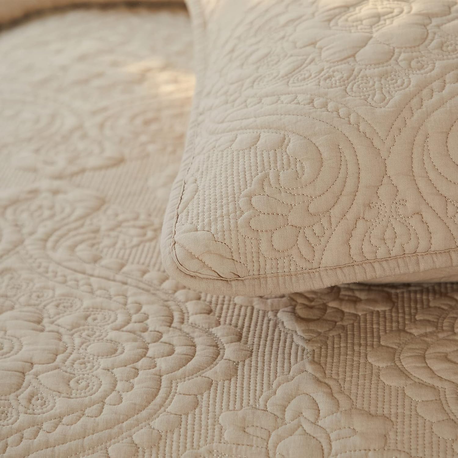 Brandream Beige Damask Quilted Pillow Shams Cotton King Size Pillow Cases Set of 2 Soft Decorative Pillow Covers - Image 2