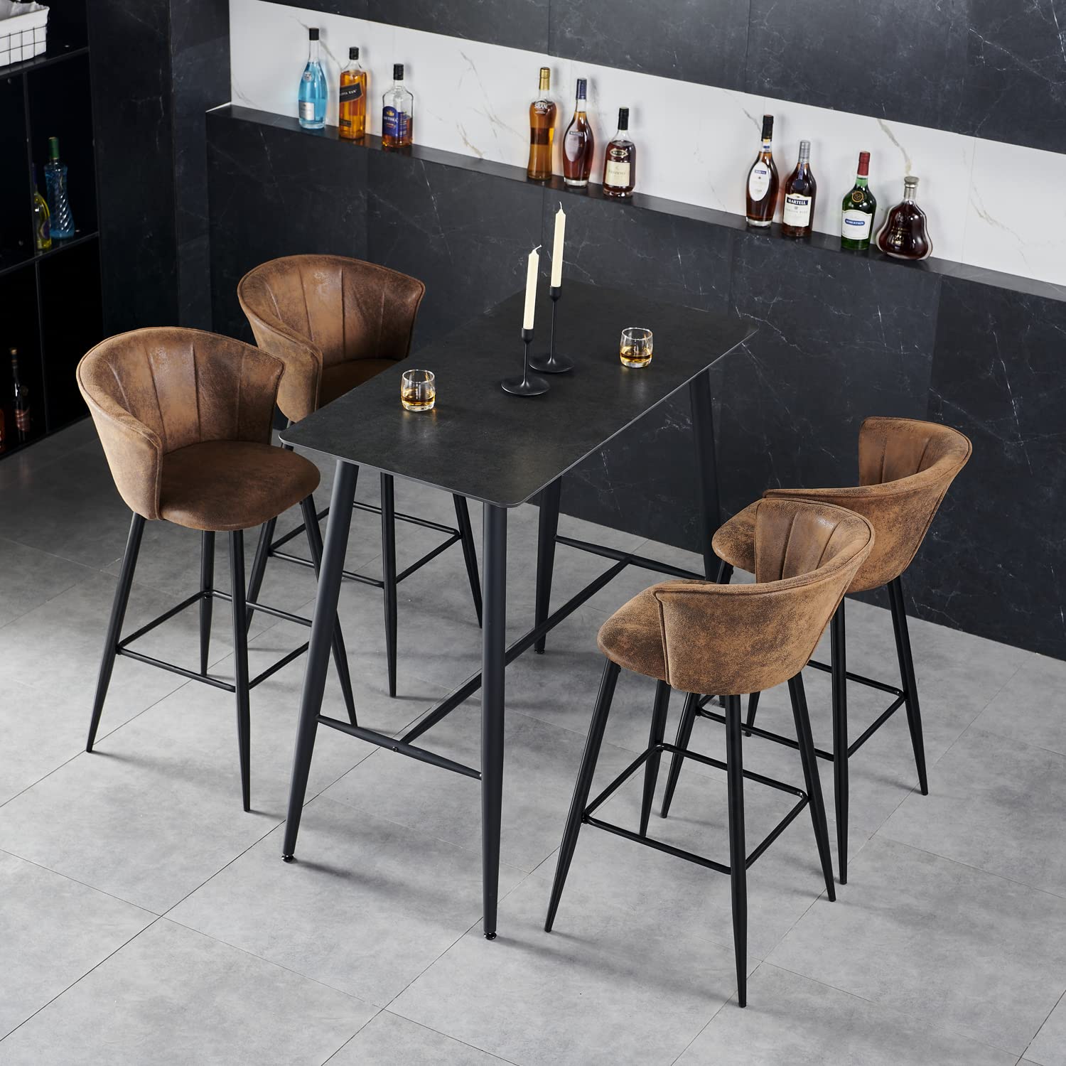 MEUBLE COSY Juego de 2 Taburete de Bar con Respaldo, Apoyabrazos y Reposapiés Sillas Tapizados de Gamuza Vintage Industrial Asiento de 72 cm de Altura para Cocina, Bar, Comedor, Marrón