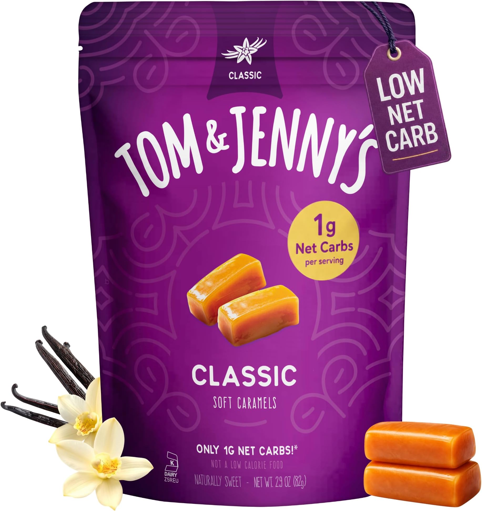 Tom & Jenny's Sugar Free Caramel - Individually Wrapped Sugar Free Candy - Zero Sugar Keto Caramels (Sea Salt & Vanilla Classic Chewy Caramel)
