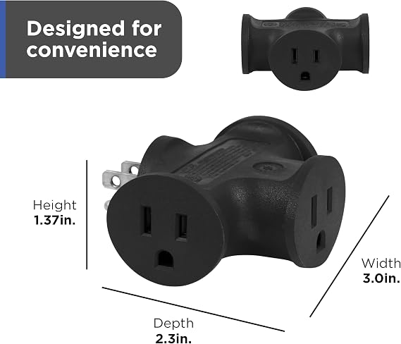 GE 3-Outlet Grounded T-Shaped Tap Adapter, Heavy Duty, Black, 50872