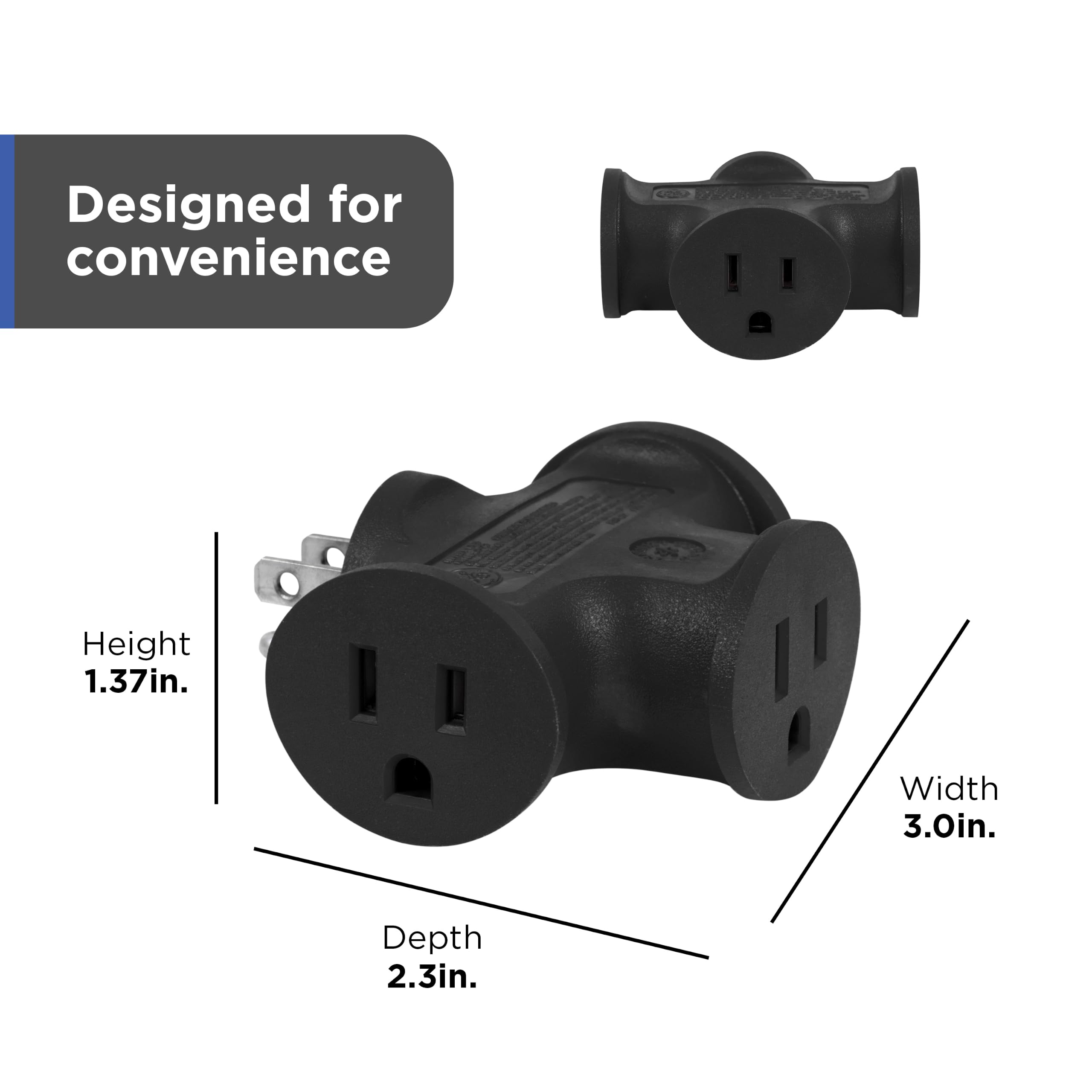GE 3-Outlet Grounded T-Shaped Tap Adapter, Heavy Duty, Black