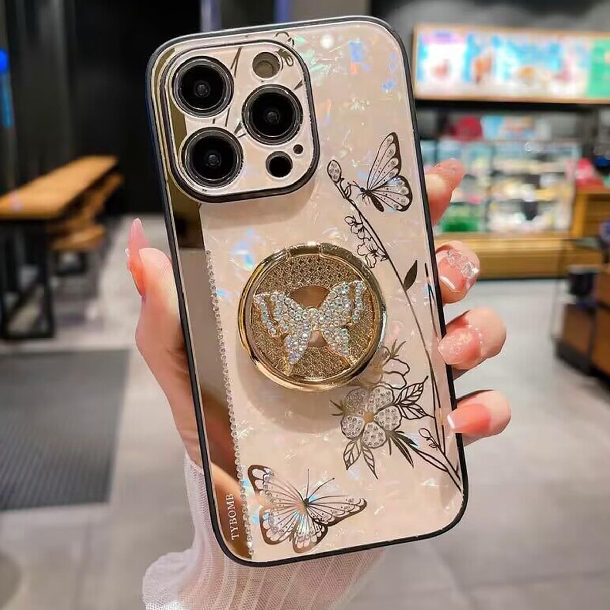 for iPhone 17 Pro Glitter Kickstand Case, Cute Bling Marble Conch Floral Butterfly with Ring Stand Mirror Back Elegant Shockproof Protective Cover for Girls Women for iPhone 17 Pro 6.3", Gold - Image 9