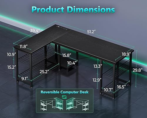 Miniatura 3 de Casaottima Escritorio para juegos en forma de L de 51 pulgadas con estantes y tomas de corriente, escritorio reversible para computadora con