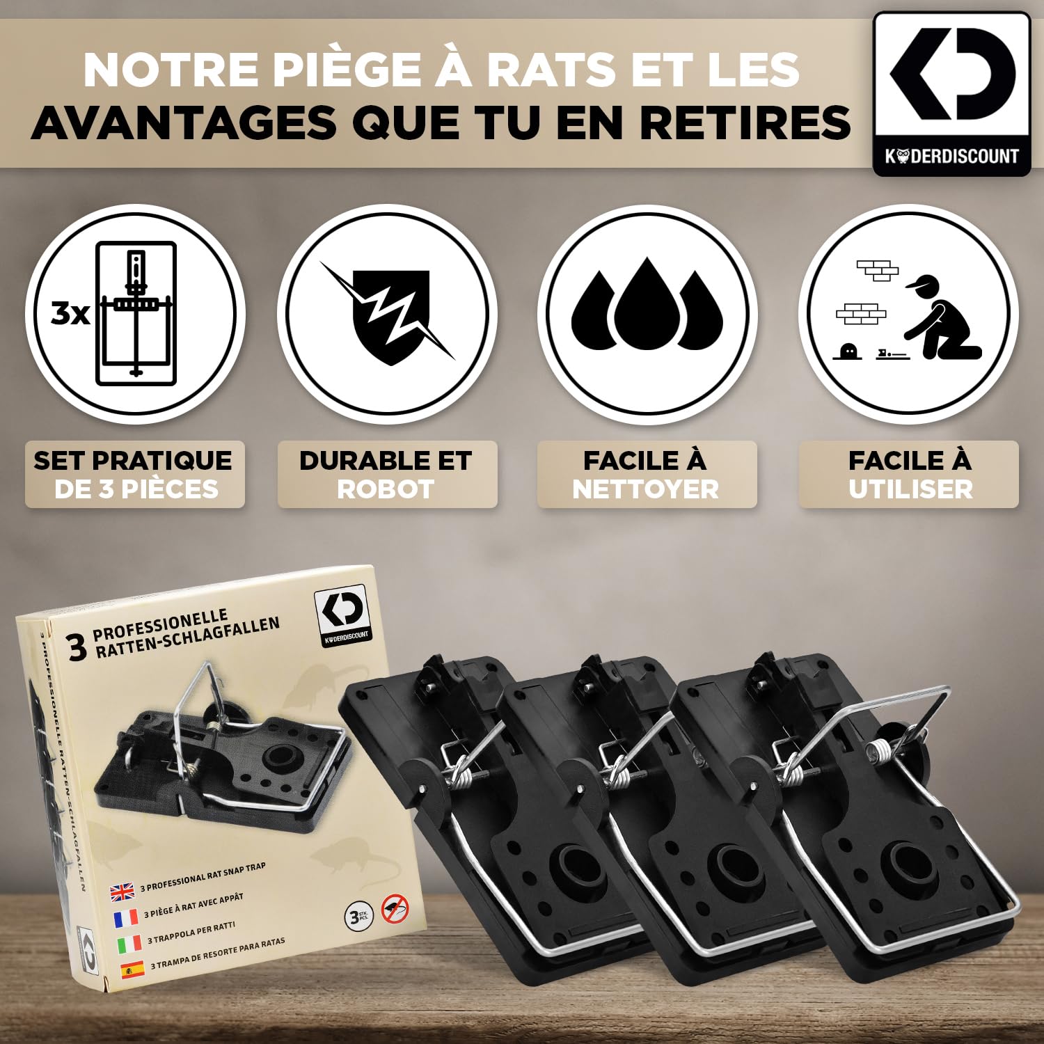 Piège à rats professionnel sans poison 3 pièces réutilisable efficace