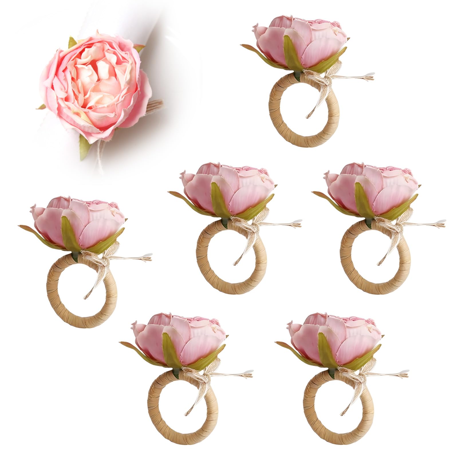 Lot de 6 Ronds de Serviette Pivoine Rose – Boucle en Paille de Raphia Tissée à la Main – Décoration de Table Élégante pour Mariage, Fête & Repas Gourmand