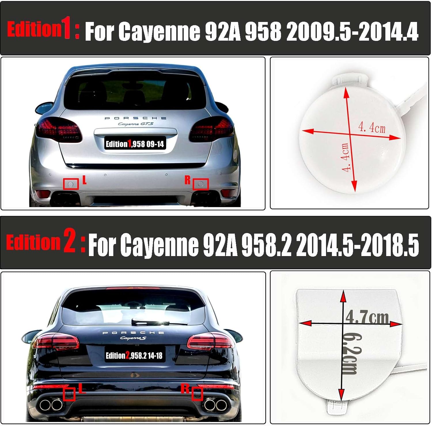 Rear Tow Covers for 10-14 Porsche Cayenne 92A 958 fit Base GTS S Turbo Sport 3.0L 3.6L 4.8L 2010 2011 2012 2013 Bumper Towing Hook Eye Cap Driver Left+Right Side