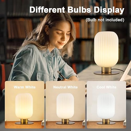 Miniatura 5 de Lámpara pequeña de mesita de noche, lámpara de mesa de cristal de leche, lámpara vintage dorada para mesita de noche, lámparas modernas de mediados