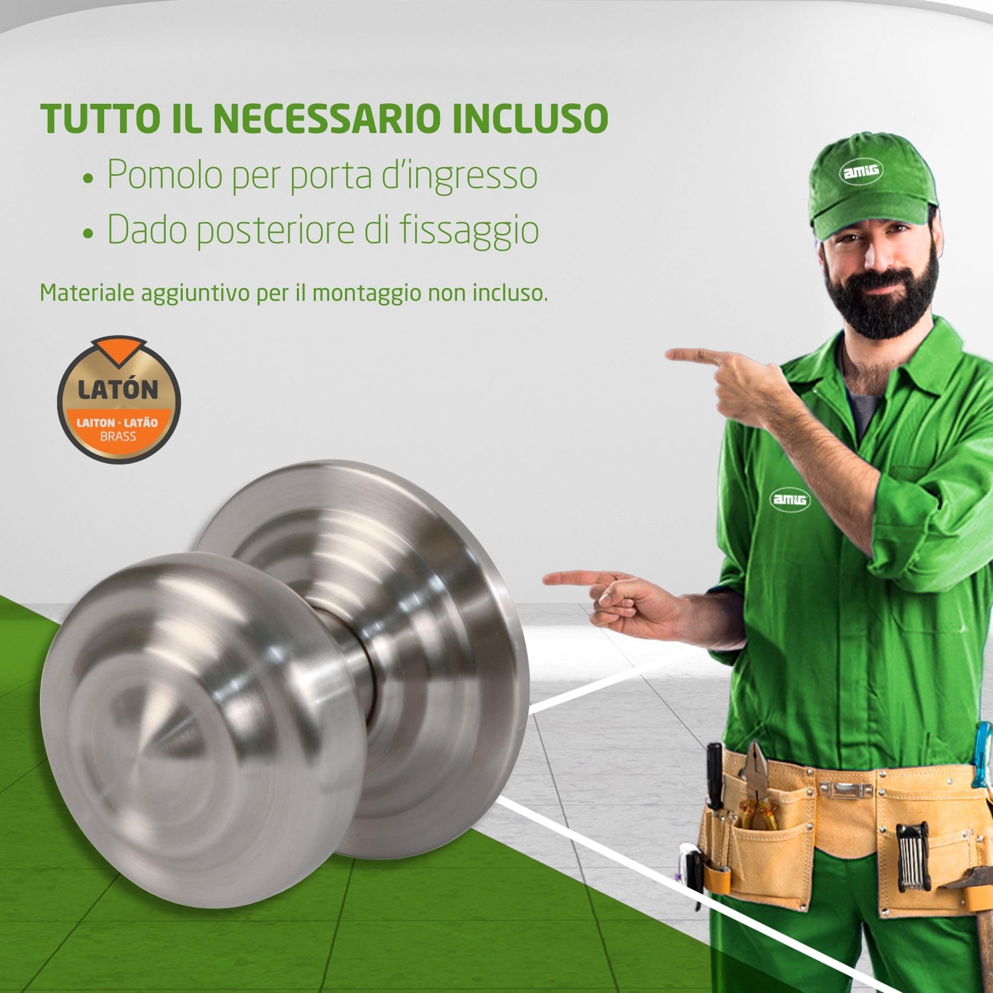 Amig - Pomello Porta | Base in Acciaio | Diametro Maniglia 70 mm | Include Vite e Dado di Fissaggio | Ideale per Porte d'Ingresso | Finitura: Cromo Opaco
