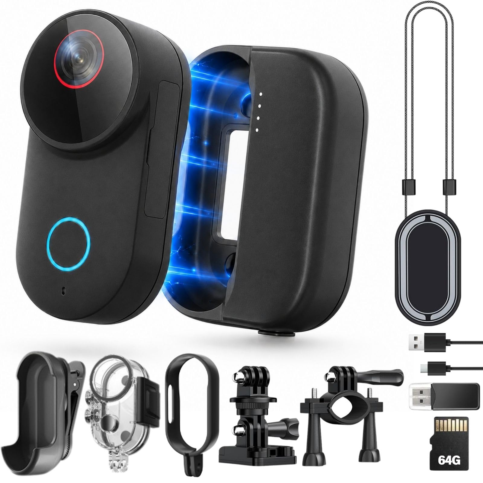 TOSBARRFT 4K Ultra HD Action Camera, 6-Axis Electronic Image Stabilization, 154° Wide Angle Lens, Waterproof Sports Camera with WiFi, 5H Battery Life with Charging Case (Black, 64GA)