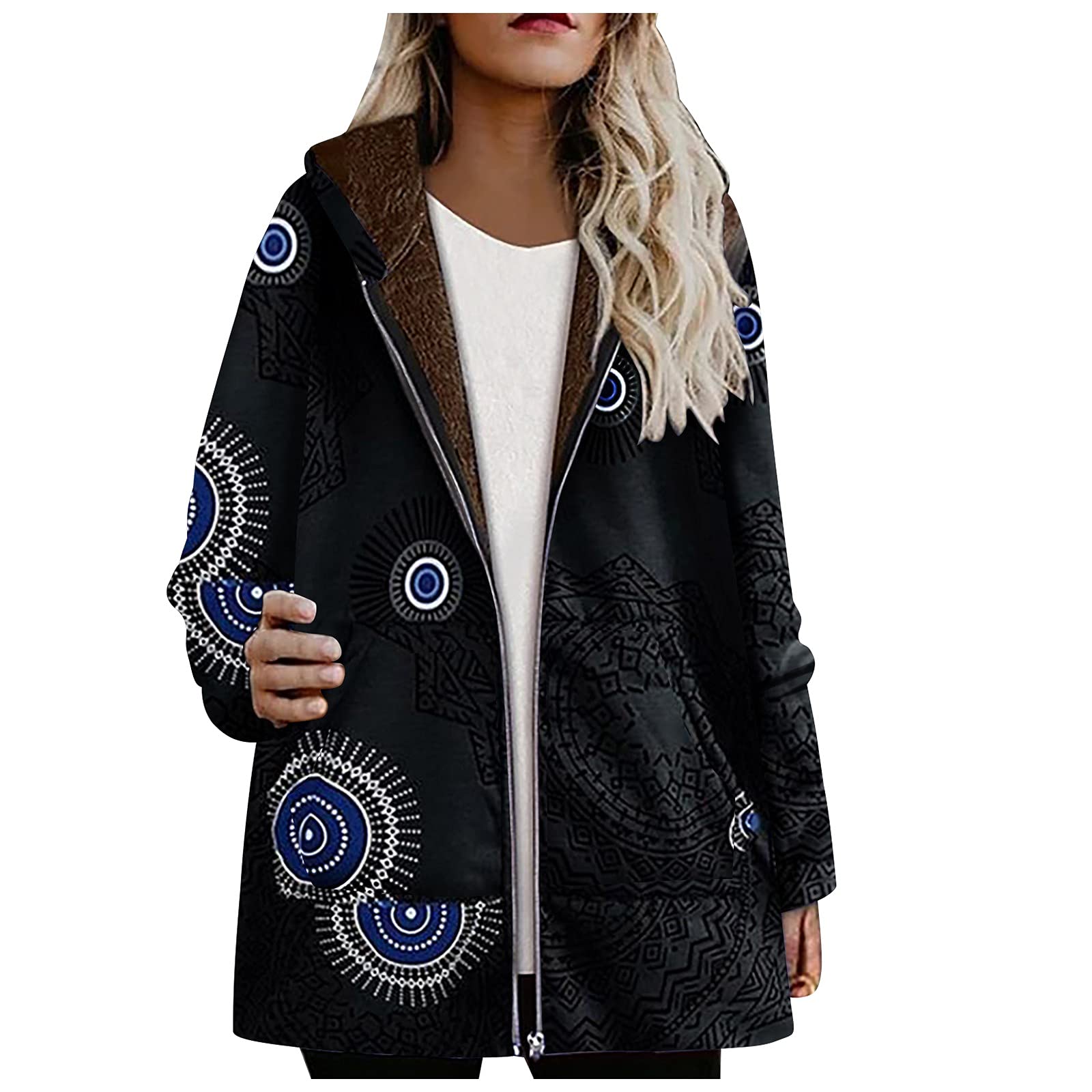 RMXEi Plus Size Women Winter Warm Printed Pockets Zipper Hooded Coat Outwear