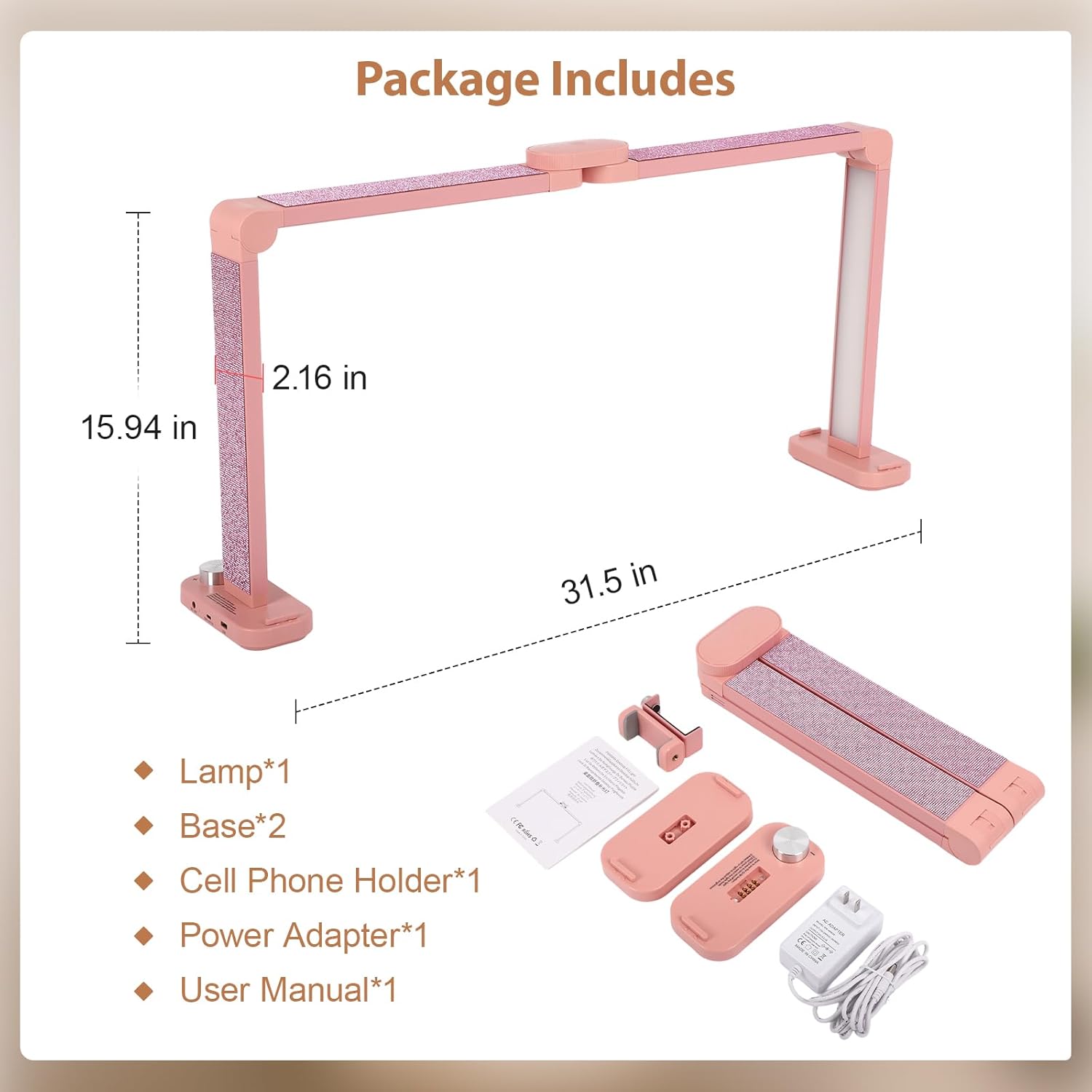 FAHKNS Large Half-Moon Light for Nail Desk, 34IN Foldable LED Lamp with Phone Holder, 3000-6000K Color Temperature, Stepless Brightness Adjustment, Nail Art, Tattooing, Pink with Diamonds