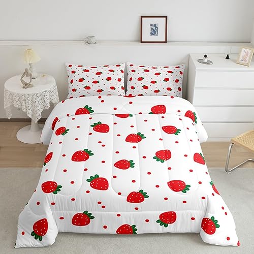 Lindo juego de edredón de fresa, tamaño individual, juego de ropa de cama de 2 piezas con lunares rojos y plantas, para niños, adolescentes, niñas,