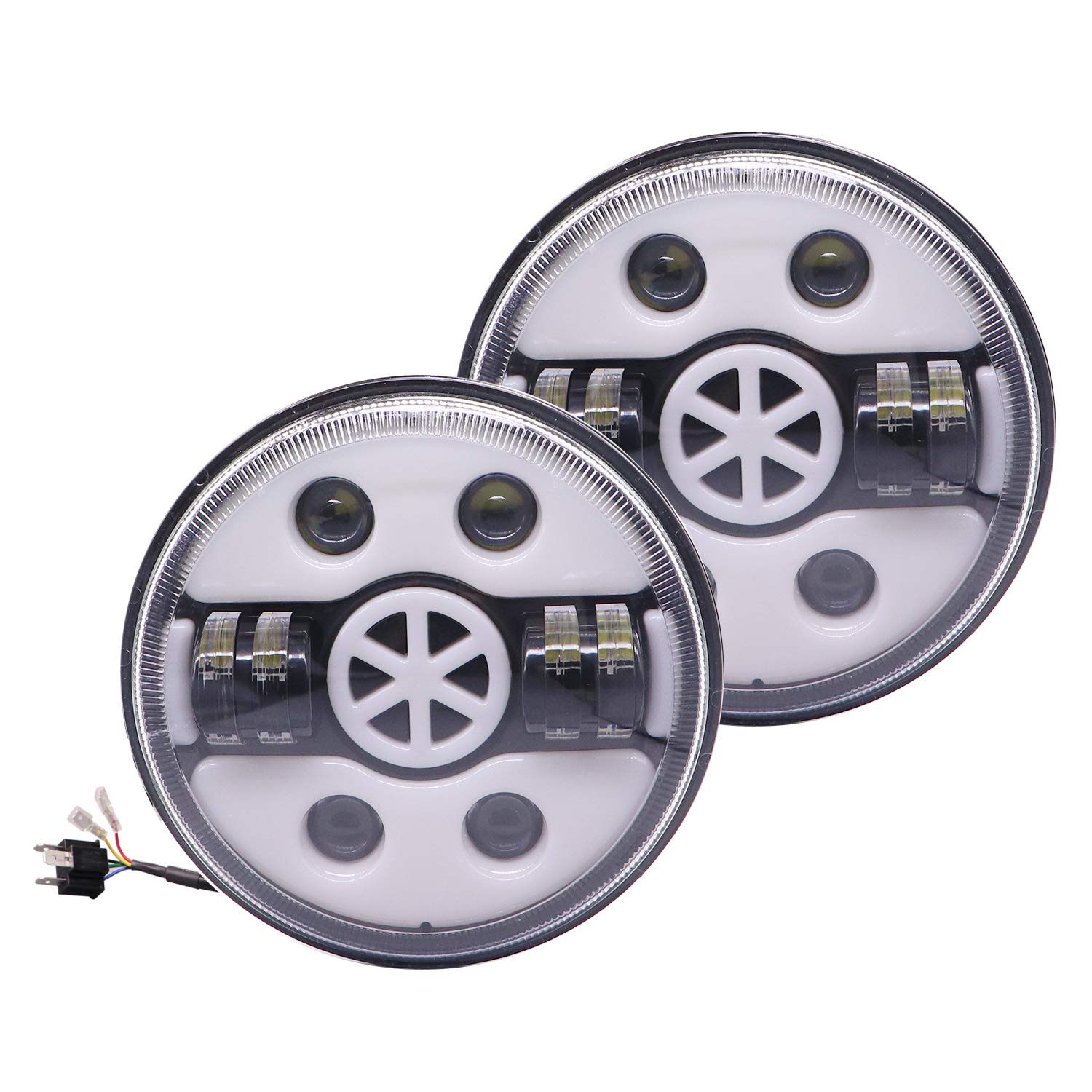 Allextreme EX7WH10 7 Inch Full Ring Round White LED Headlight with Hi/Low Beam Multicolor Angel Eye Lamp (75W, Pack of 2)