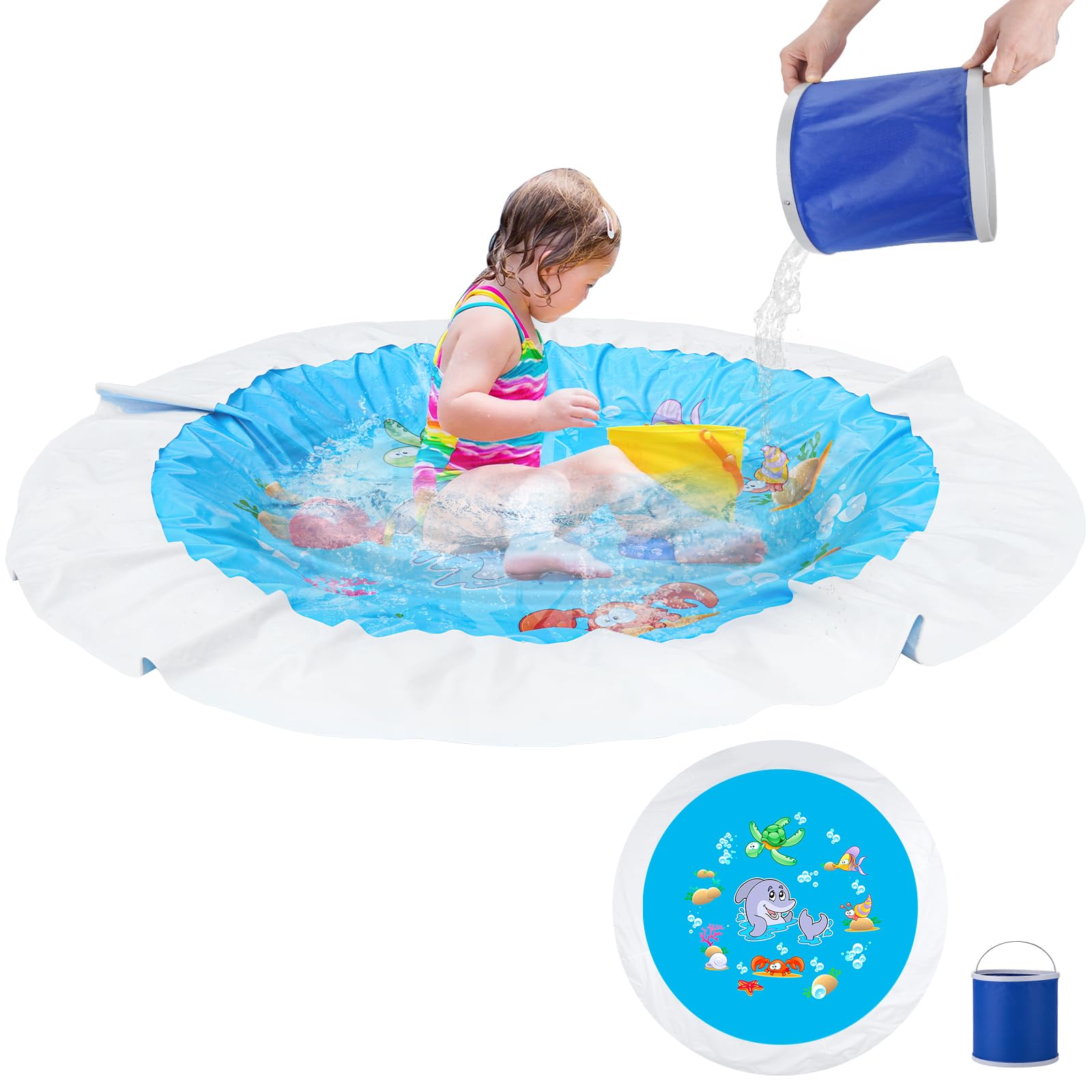 Giveuplay 7.2 X 7.2 Feet Baby Beach Pool?Kiddie Pool and Beach Blanket?2 in 1 Toddler Paddling Pool?Beach Toys for Infant Kids Boys and Girls with Portable Water Bag 9L