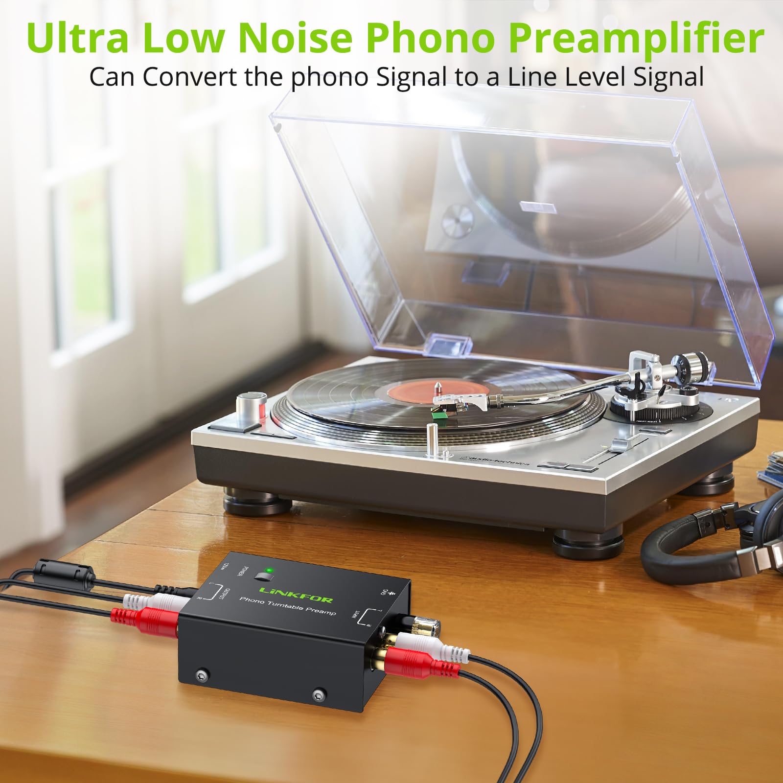 LiNKFOR Preamp de Fono pp900 Ultracompacto Preamplificador de Tocadiscos Bajo Ruido con Entradas y Salidas RCA, Adaptador de Corriente 12V/1A Mini Preamp de Fono para Tocadiscos