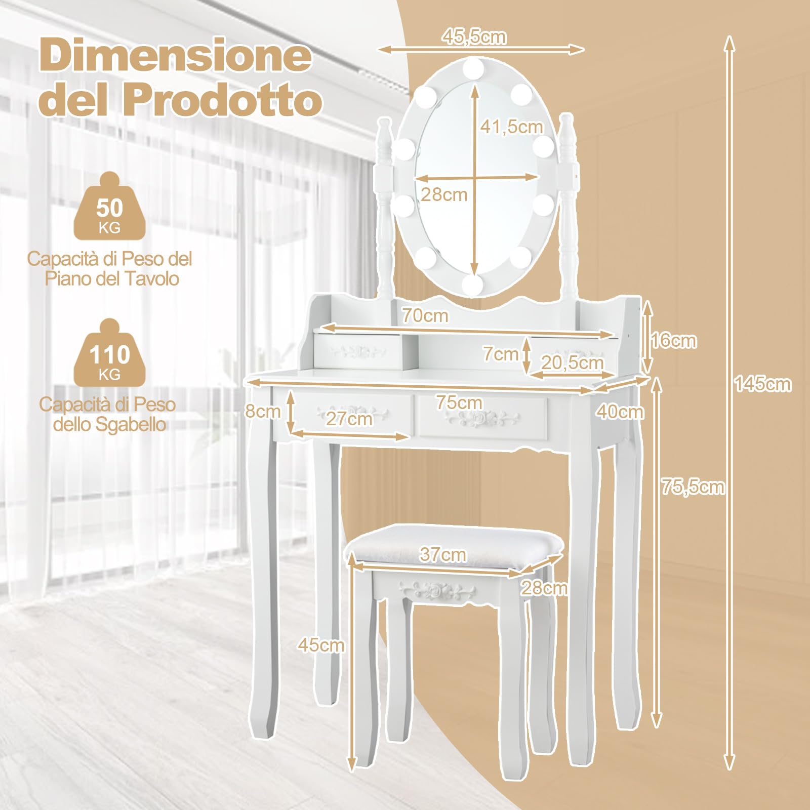 COSTWAY Toeletta da Trucco con 10 Luci LED, Set Tavolo da Trucco con 4 Cassetti e Sgabello, Specchio Girevole 360°, Consolle Toeletta per Soggiorno Camera da Letto, 75 x 40 x 145 cm (Bianco)