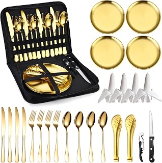 Camping Silverware Kit Cutlery Organizer Utensil Picnic Set Stainless Steel Plate Spoon Clip and Serrated Knife Wine Opener Fork Napkin Hiking - Camp Kitchen BBQ’s