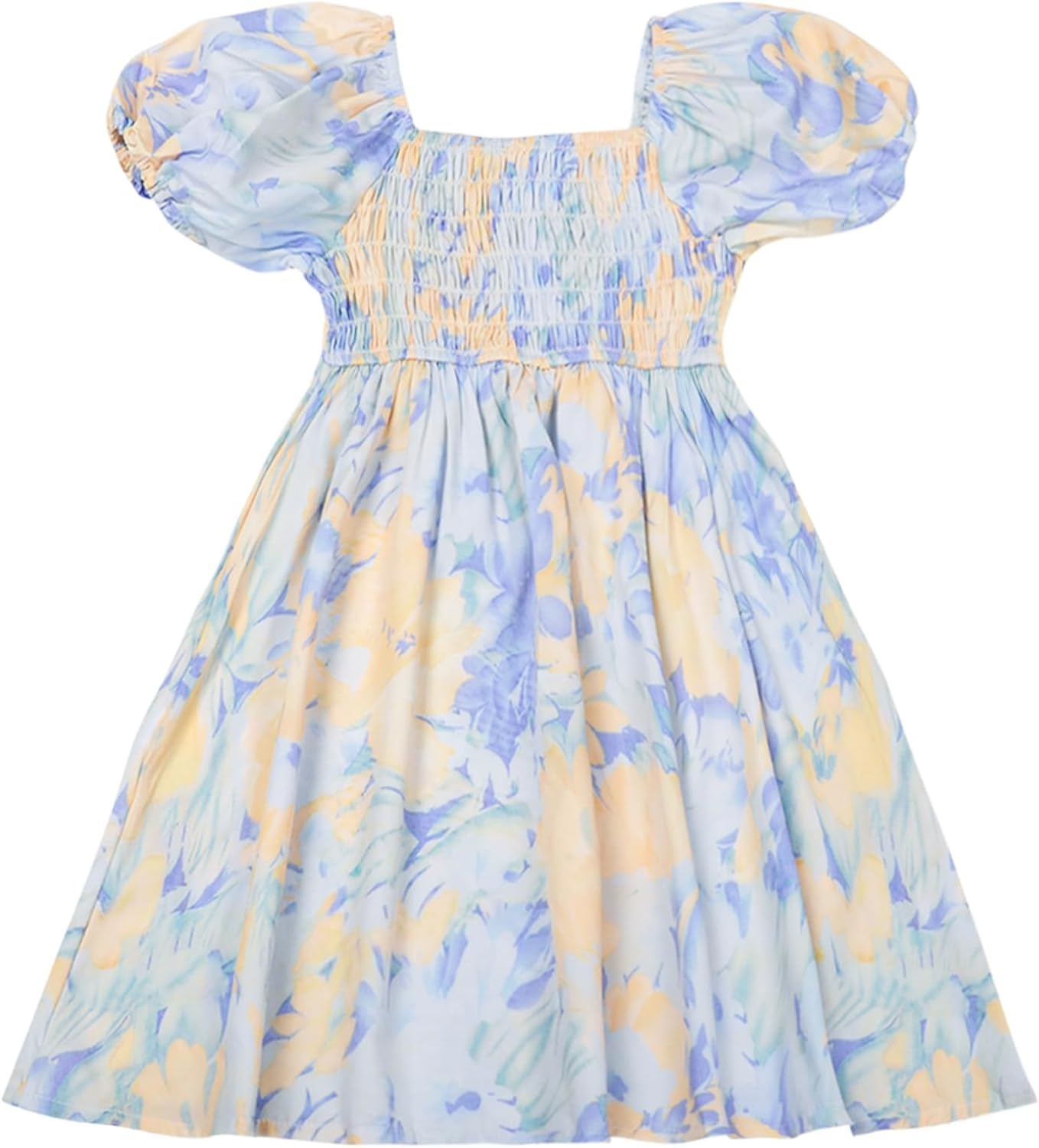 Toddler Girls Floral Dress Square Neck Puff Sleeve A-Line Smocked Dress with Bag Toddler Girls Summer Outfits