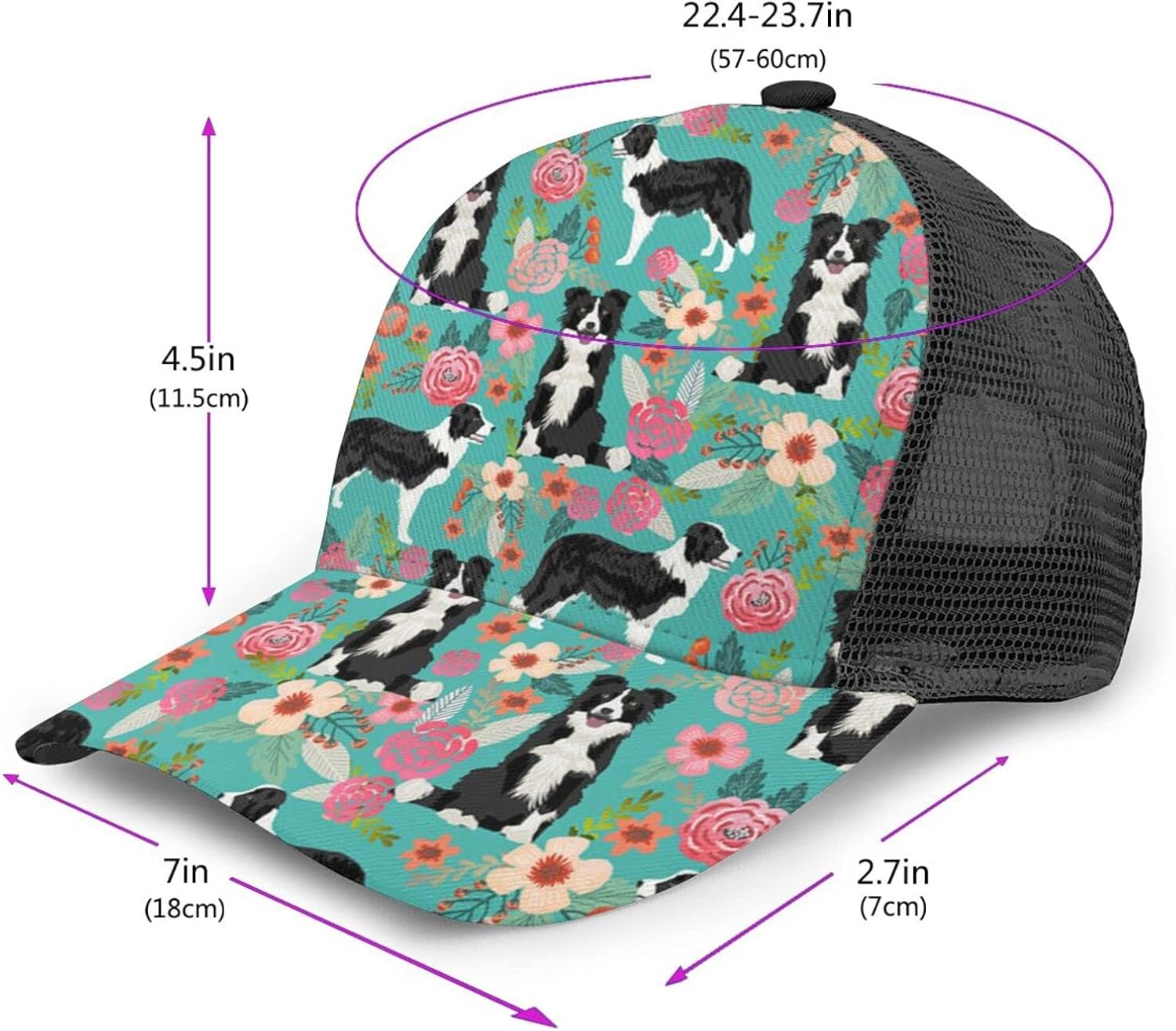 Miniatura 2 de Border Collie - Gorras de béisbol con estampado floral, unisex, gorra de camionero, gorra de viaje, ajustable, gorra deportiva con cierre de